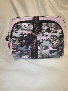 Ed Hardy Pink & Black Camo Cosmetic Bag with Tiger and Skull Print